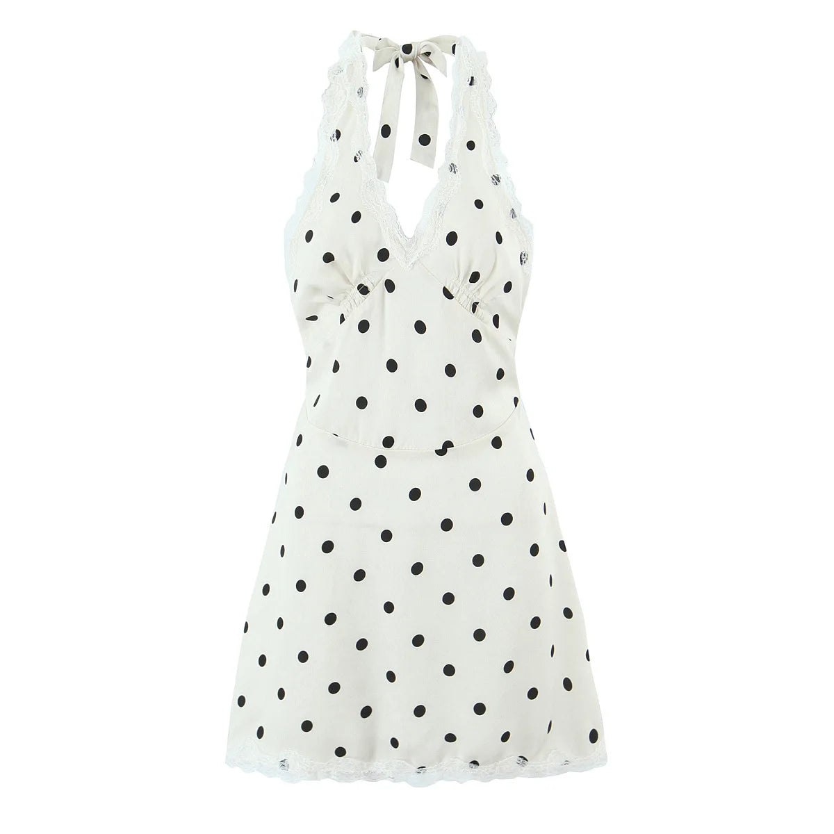 LIZAKOSHT  -  Dot Print Lace Mini Dress For Women Summer Deep V Neck Sleeveless Halter Dresses Party Club Sexy Backless Short Dress