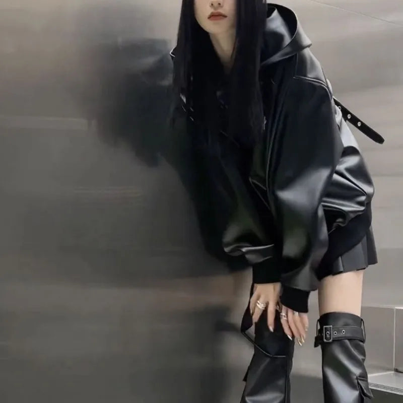 LIZAKOSHT -  Y2k Black PU Leather Hoodied Pleated Skirt Korean Fashion Harajuku Sweatshirt Women Hip Hop Streetwear Oversized Outerwear