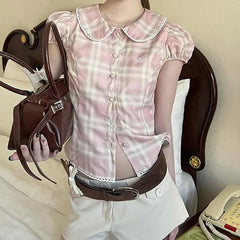 LIZAKOSHT  -  Kawaii Sweet All Match Peter Pan Collar Slim Waist Blouse Y2k Aesthetic Constrast Color Plaid Single Breasted Shirts Casual Tops