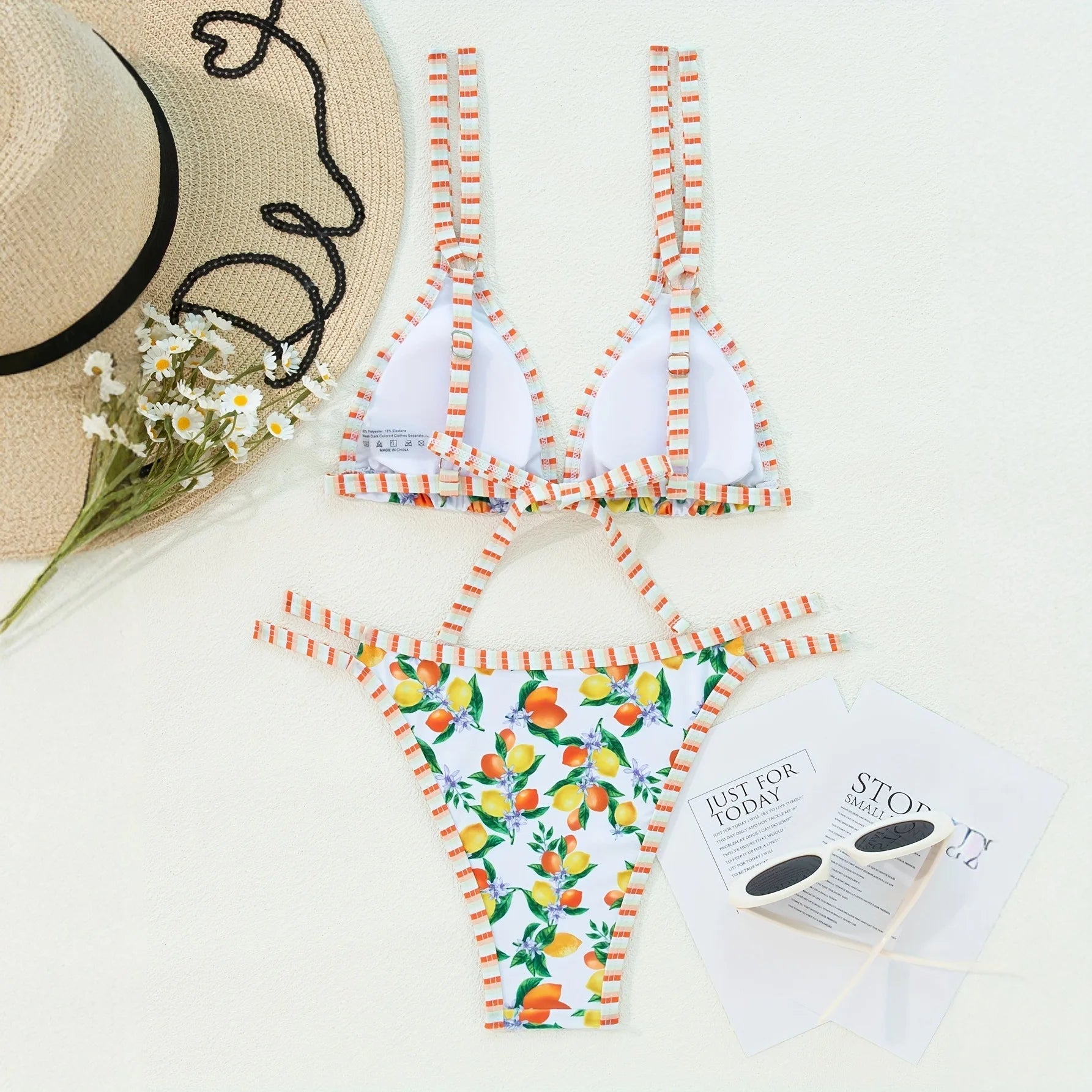 LIZAKOSHT  -  Sexy Orange Print Micro Bikini Women Double Strap Push Up Bra Hollow Out Thong Swimsuit Beach Bathing Suit Holiday Swimwear