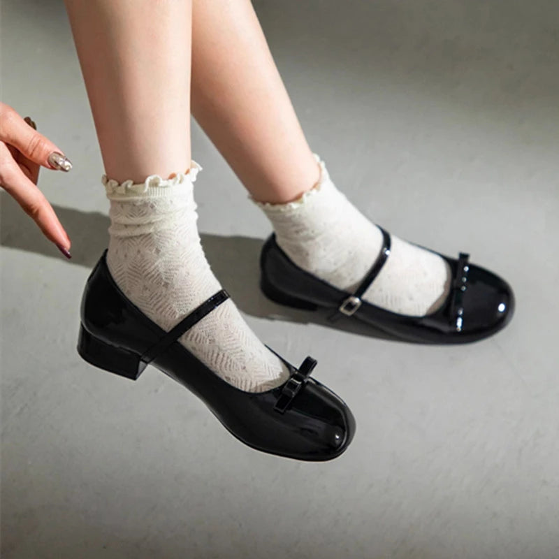 LIZAKOSHT  -  Spring Wine Red Women Mary Jane Shoes Shallow Ladies Casual Butterfly-knot Ballet Flat Shoes Eelgant Dress Leather Shoes