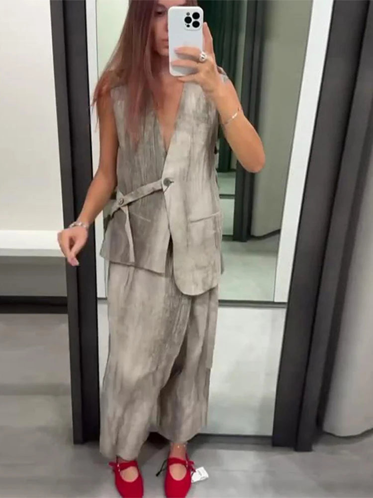 LIZAKOSHT  -  Casual Tie-dyed Lace Up Women Tank V-neck Sleeveless Single Button Loose Female Vest 2024 Spring Summer New Fashion Lady Tops