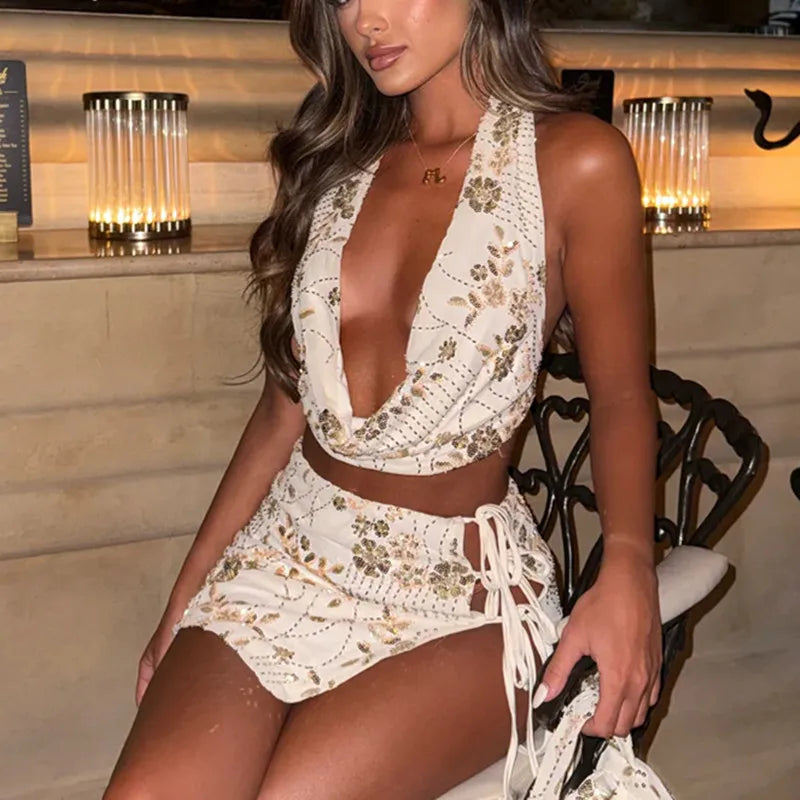 LIZAKOSHT  -  Women Club Party Outfits Coquette Backless Crop Tops + Tie Up Pencil Skirt Sequin Beading 2 Piece Set Sexy Low Cut Halter Camis