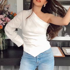 LIZAKOSHT  -  Fashion Women's One-shoulder Top Summer and Autumn Cotton and Linen Top Fashion Asymmetry Women's Casual Street Top New