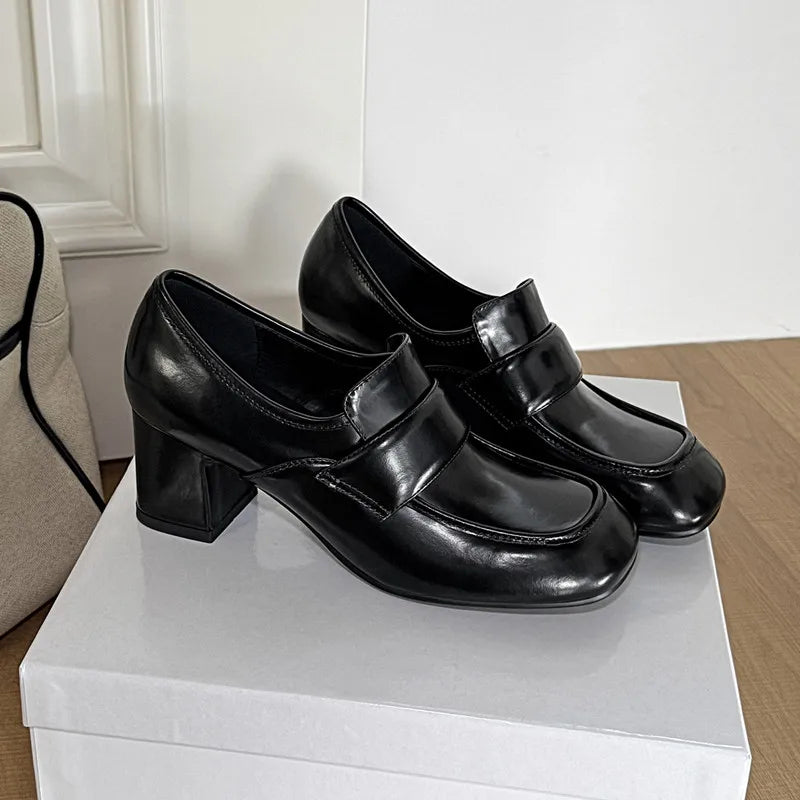 LIZAKOSHT  -  Fashion Pumps New High Quality Genuine Leather Shoes Round Head Coarse Heels High Heels Loafers Shoes Women's Shoes