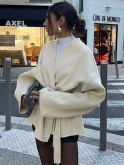 LIZAKOSHT  -  Elegant Lace Up Coat For Women V-neck Long Sleeve Slim Jacket Cardigan 2024 Autumn Winter Lady Streetwear Outwear New In Coats