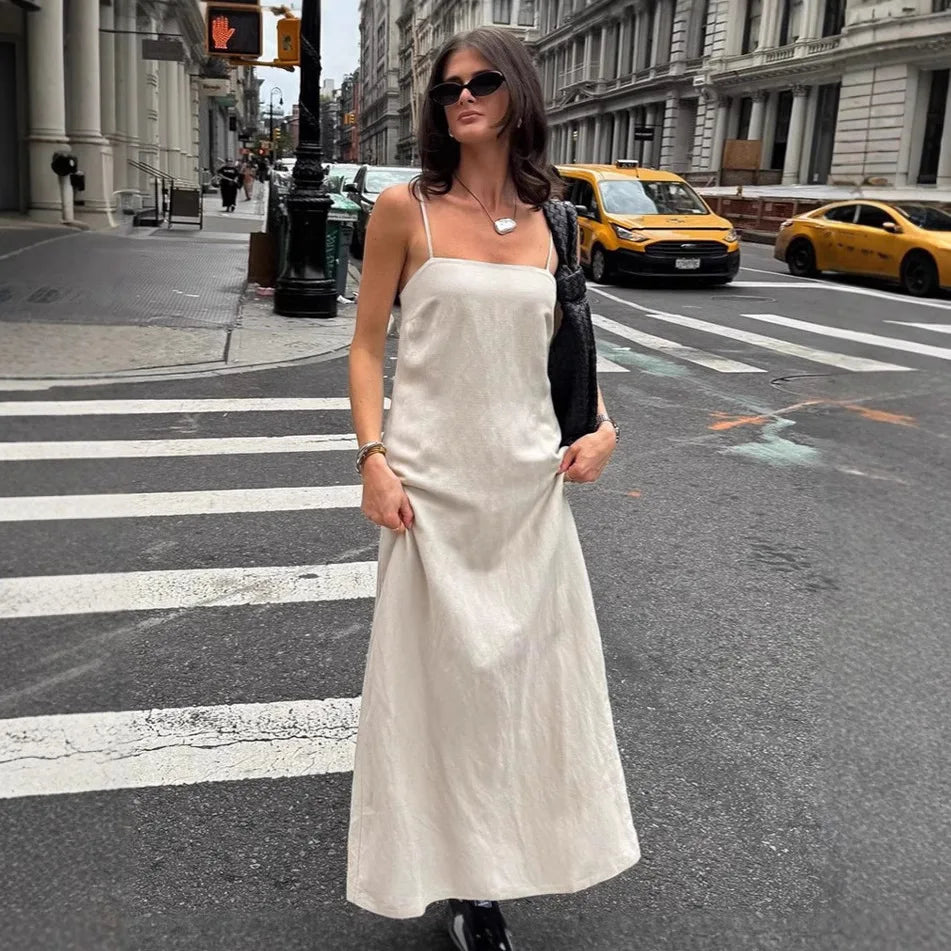 LIZAKOSHT  -  Spring and Summer Commuting Khaki Cotton and Linen Suspender Dress Women's Fashion Loose A-shaped Long Dress