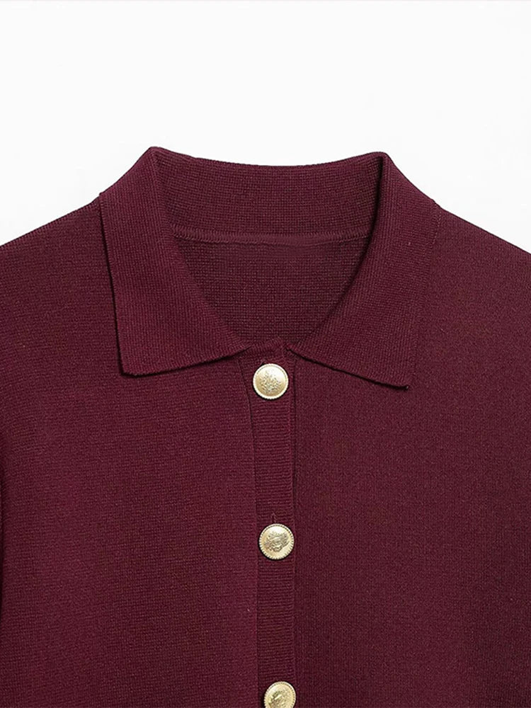LIZAKOSHT  -  Gold Single Breasted Sweater Knitted Shirt Top Short Skirt Set Women Lapel Double Pockets Knitwear Slim Fit Coat Pleated Skirts