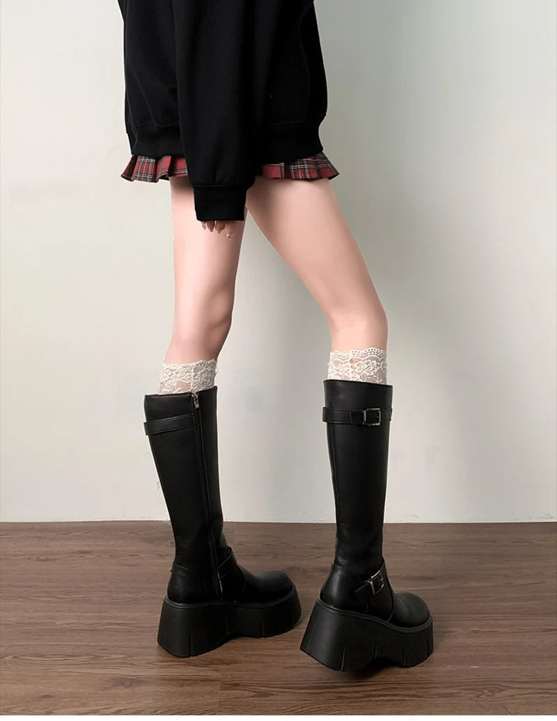 LIZAKOSHT  -  Platform Wedges Heel Women High Boots Fashion Belt Buckle Slim Long Booties Autumn Winter Women's Knight Botas Altas