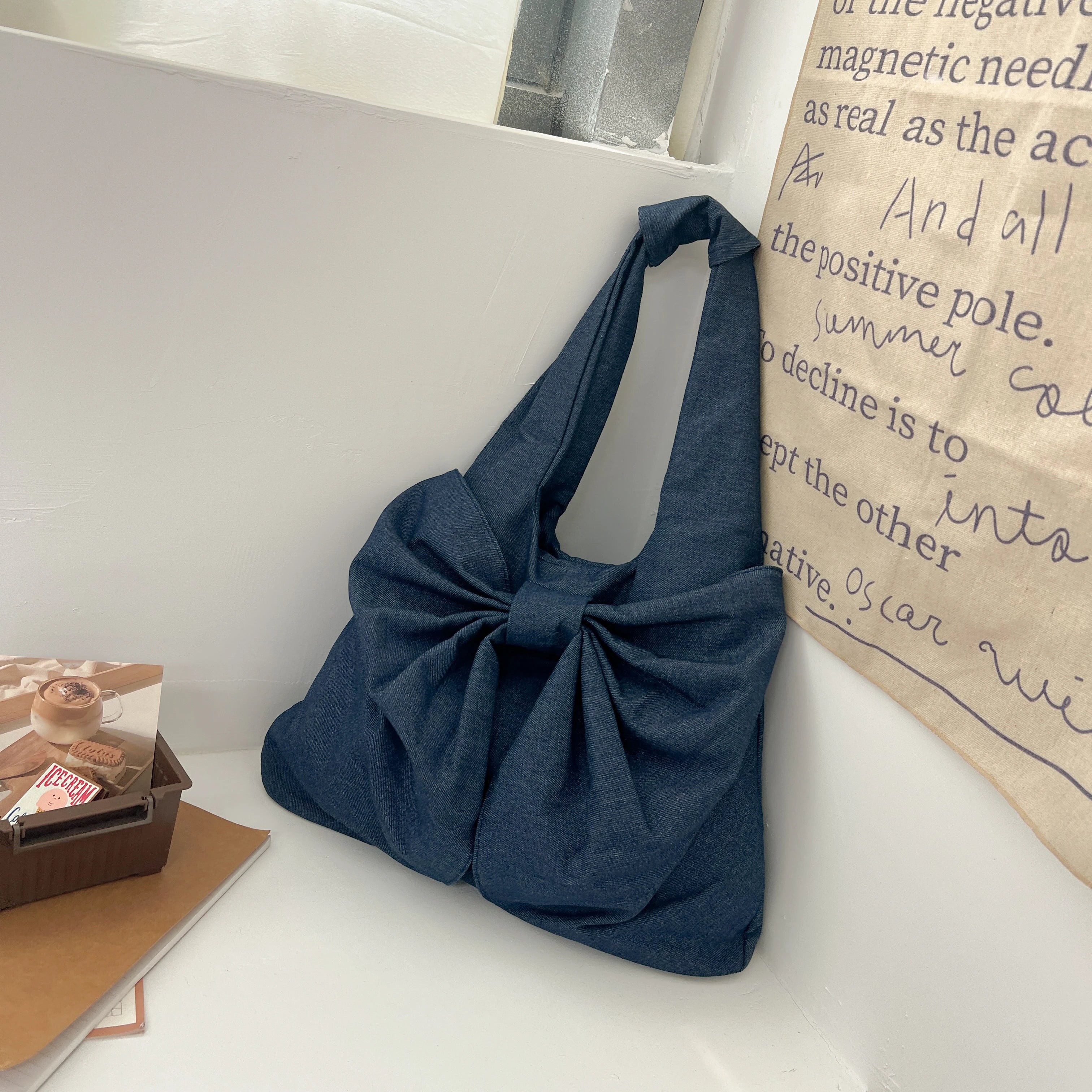 LIZAKOSHT  -  Large Capacity Bow Shoulder Bags For Women Denim Sling Packages Sweet Cloth Female Bags Korea Style Canvas Casual Tote For Girl