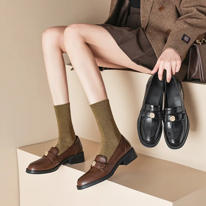 LIZAKOSHT  -  Women's British Shoe Autumn New Thick Heel Women Leather Shoe Versatile Anti Slip Women Casual Shoes Gold Buckle Women's Loafers