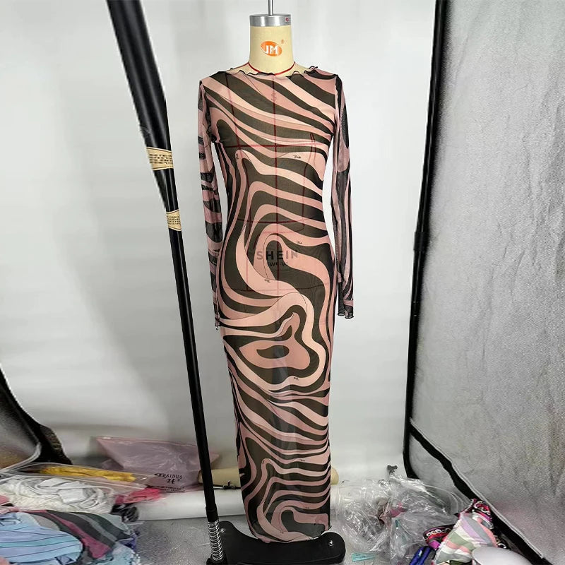 LIZAKOSHT  -  Sexy Women's Sheer Mesh Bodycon Maxi Dress Chic Print Sleeveless Slim Fit Beach Vacation Long Dresses Casual Daily Female Outfit