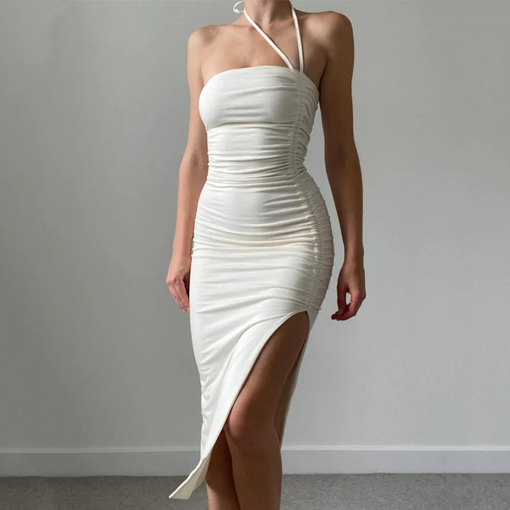 LIZAKOSHT  -  Summer New Dstring Pleated ter Dr Sexy Tight Wrap around Bodycon Long Skirt without Sve Polyester Fiber Midi Dr