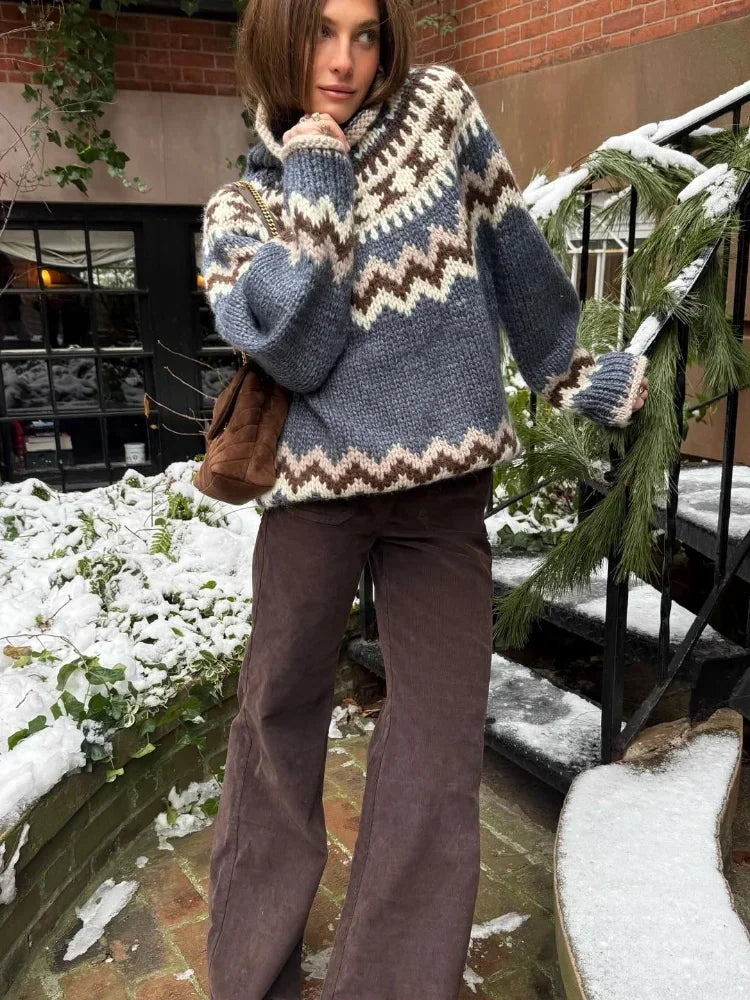 LIZAKOSHT  -  Printed Knitted Pullover Sweater Women Turtleneck Long Sleeves Loose Sweaters All-match Early Spring New Ladies Knitwear