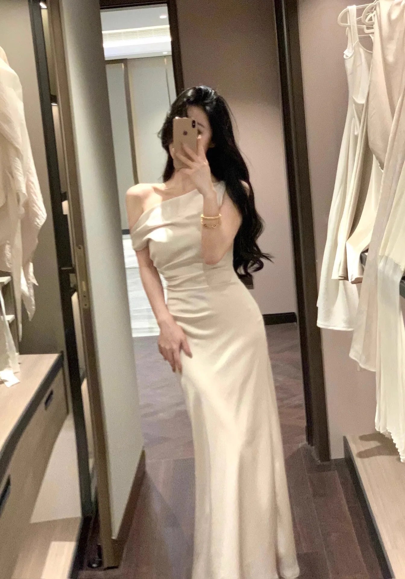 LIZAKOSHT  -  French Temperament Satin Dress New Summer Oblique Shoulder Sling Collar Fishtail Skirt for Women
