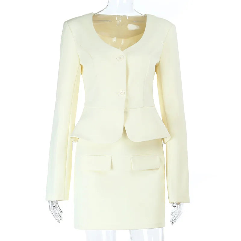 LIZAKOSHT  -  Skirt And Blazer 2 Piece Sets For Women Autumn V Neck Short Jacket Coats Femme Office Commuting Slim Mini Skirt Suits