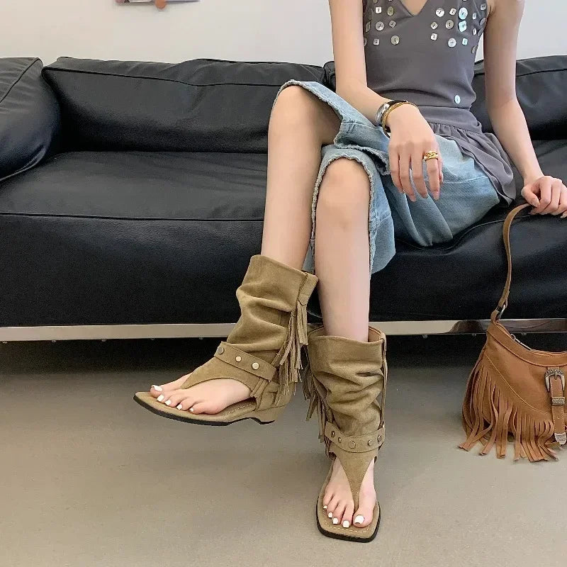 LIZAKOSHT  -  Fashion Vintage Comfortable Low Heels Tassel Rivet Square Clip Toe Women Ankle Boots Sandals Casual Banquet Shoes
