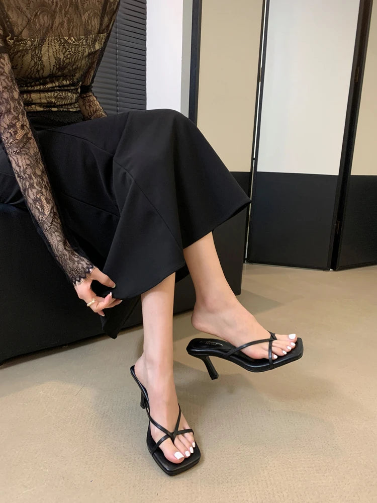 LIZAKOSHT  -  Summer High Heels Slipper Women Sandals French Style Lazy Style Narrow Band Slipper Design Slides Vacation Flip Flops Mujer