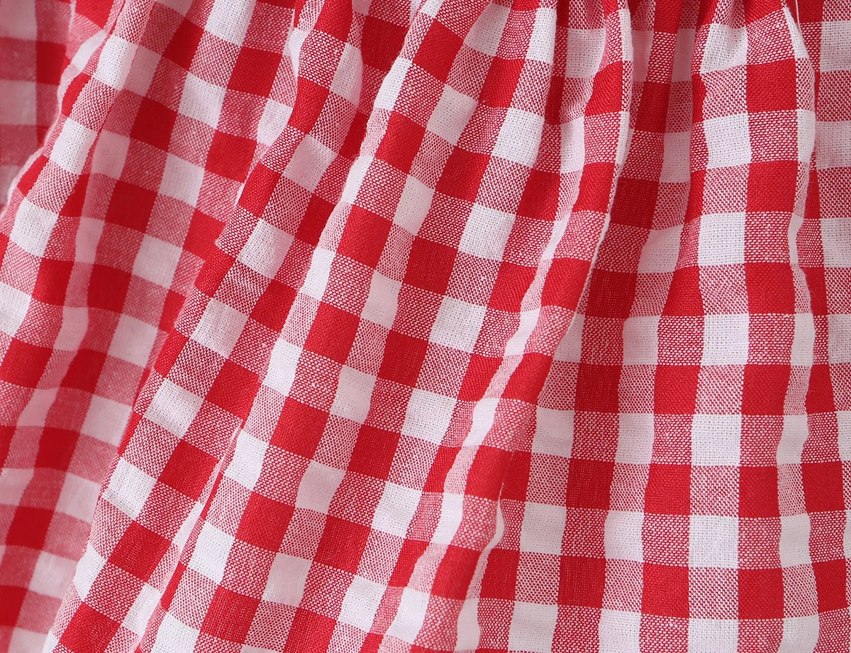 LIZAKOSHT  -  Sexy Red Plaid Spliced Lace Bow Ruched Chest Tank Top + High Waist Wood ears Mesh Lining Swing Cake Mini Skirt Suits 2pcs 1 Set