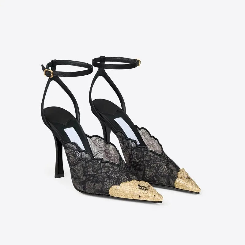 LIZAKOSHT  -  Summer New Lace Embroidered Net Head Cover Sandals Women's Thin Heel Pointed Toe Sexy Color Block Shoes Silk Velvet Slip-On