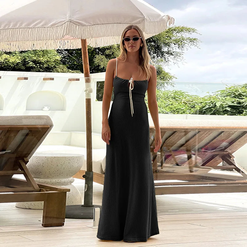 LIZAKOSHT  -  Knitted Sexy Backless Bandage Women Dress Yellow Spaghetti Strap Evening Dress Spring Slim Elegant Vacation Beachwear
