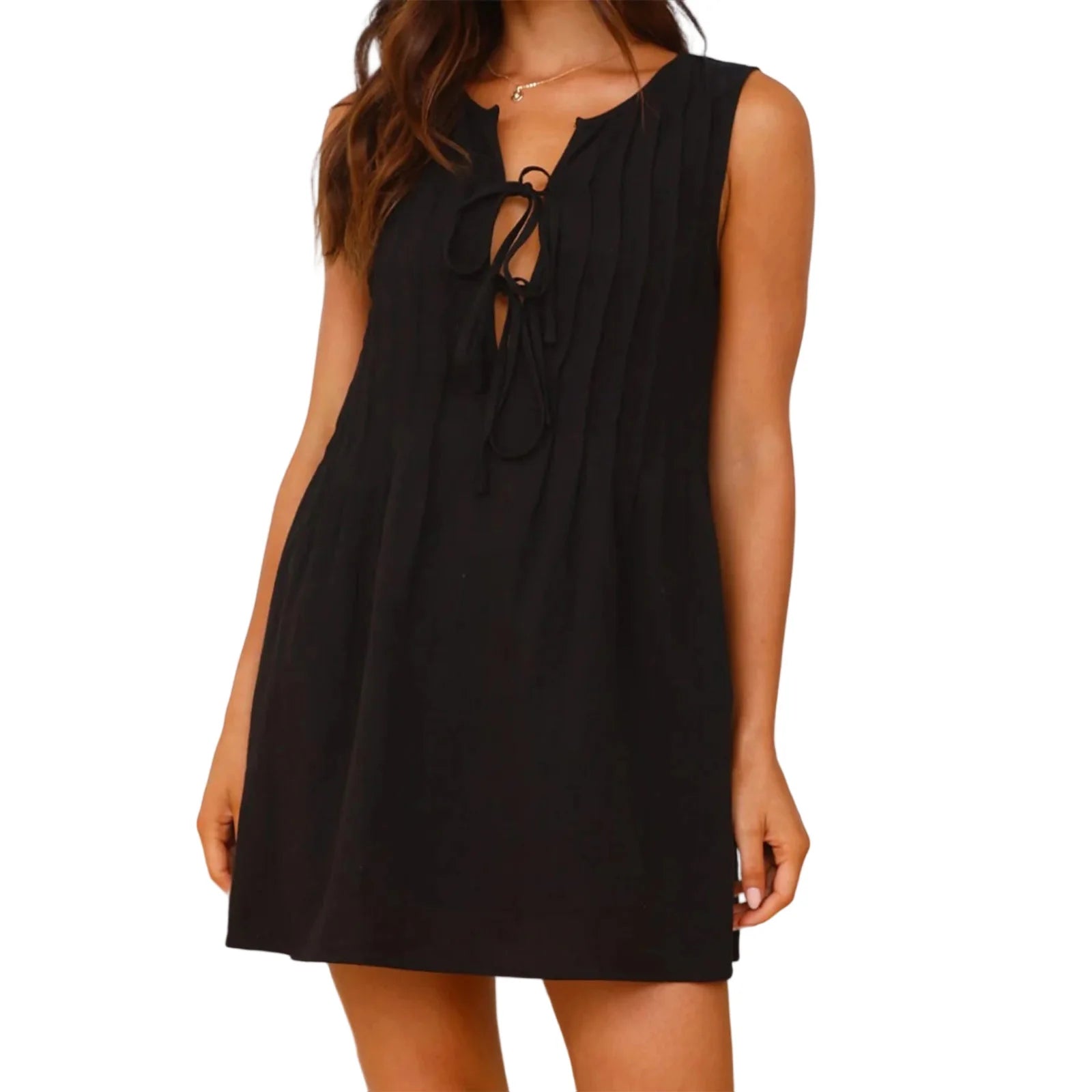 LIZAKOSHT  -  Women s Casual Sleeveless V-Neck Mini Dress with Front Tie Detail and Pleated Skirt for Summer Beach Party