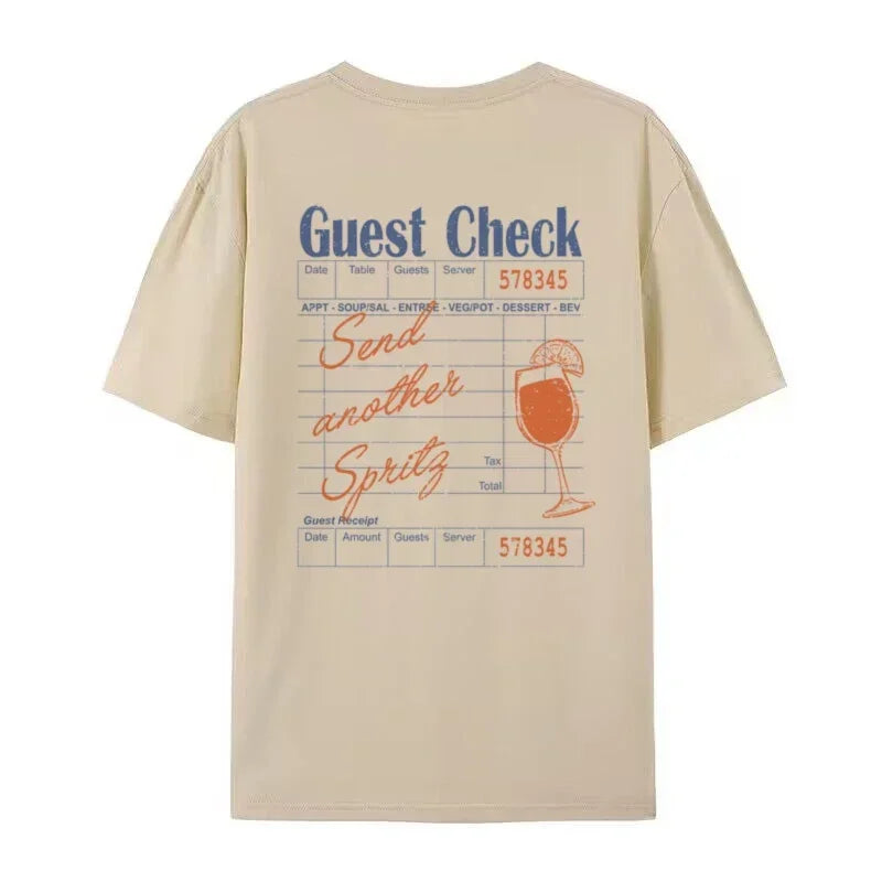 LIZAKOSHT  -  Guest Check Spritz Back Print T-Shirts Funny Cocktail Lover T Shirt Loose Cool Y2k Graphic Tees Unisex Summer Vintage Women Tops