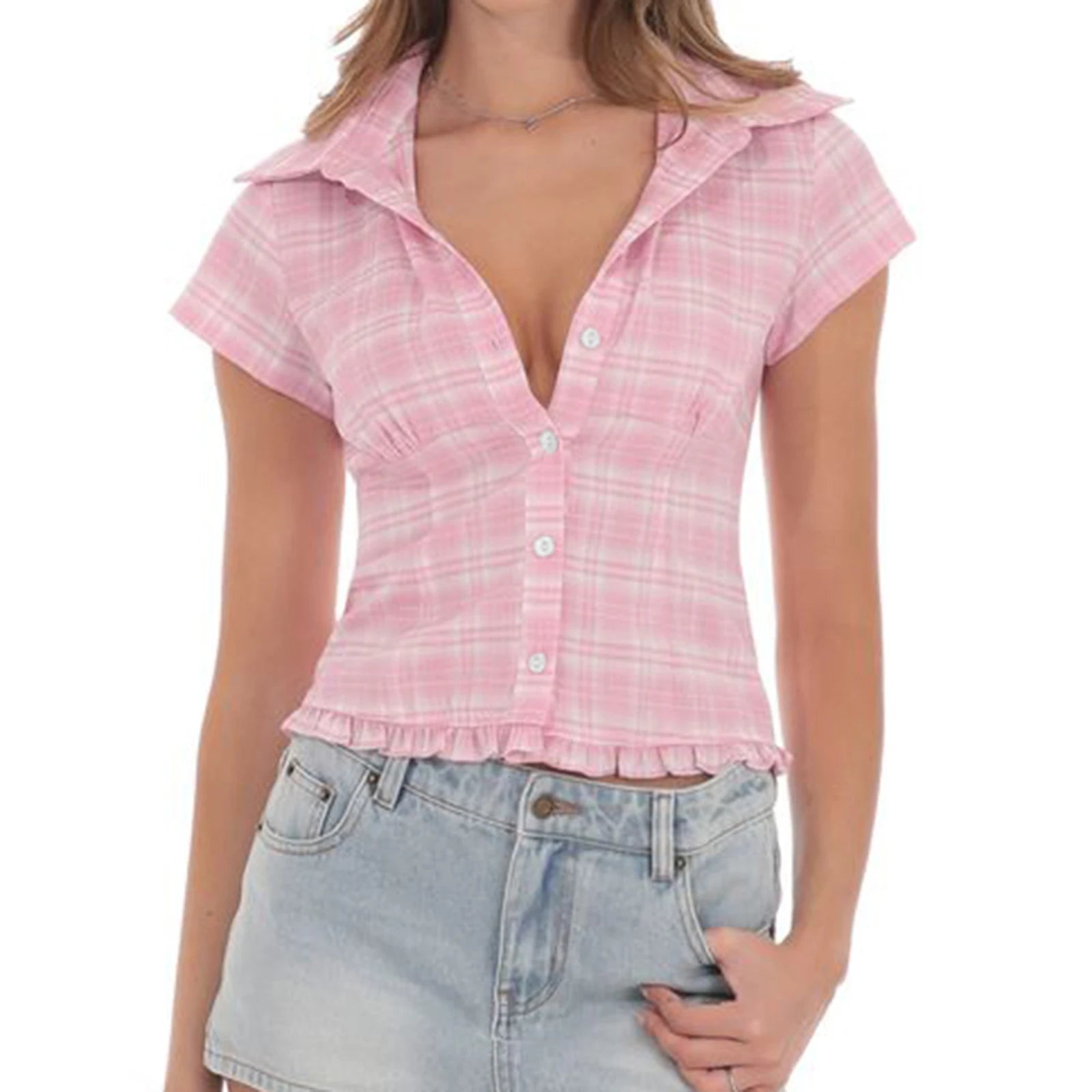 LIZAKOSHT  -  Women s Blouse Casual Short Sleeve Checkered Striped Shirt with Button Closure  Fit Summer Top for Street Style Fashion