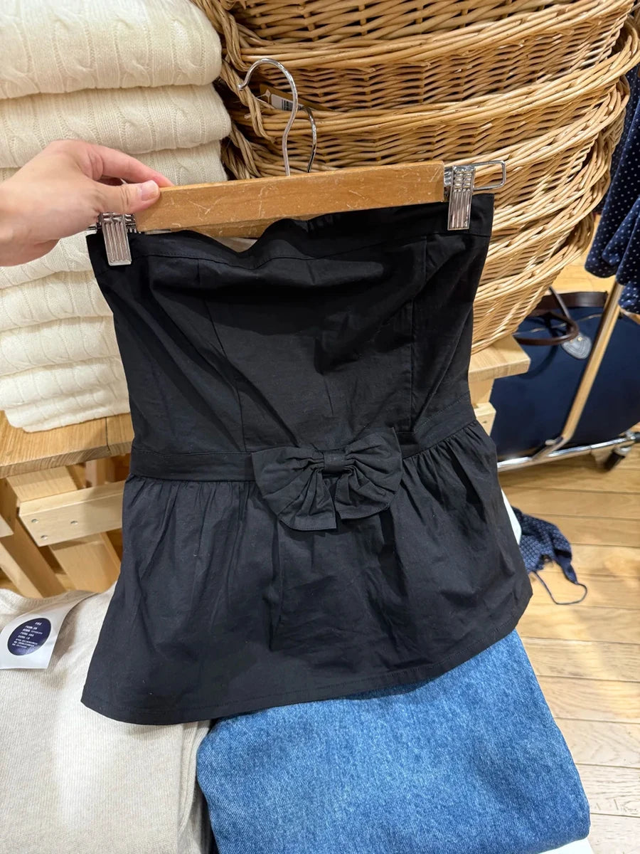 LIZAKOSHT  -  Black Bow Decor Strapless Tube Top Woman Summer Elastic Waist Sleeveless Slim Crop Tops Solid Sweet Preppy Style Cotton New Vest