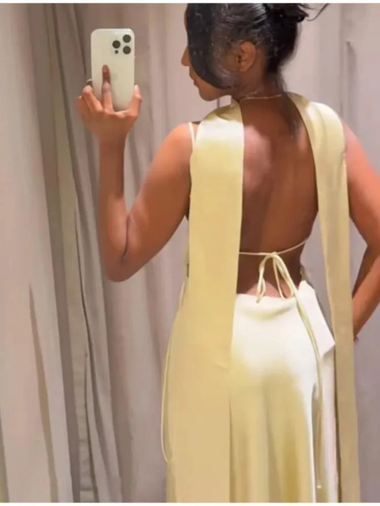 LIZAKOSHT  -  Satin Sexy Suspenders Long Dress Women 2025 New Summer Elegant Sleeveless Backless V Neck Dresses Chic Beach Party Evening Dress