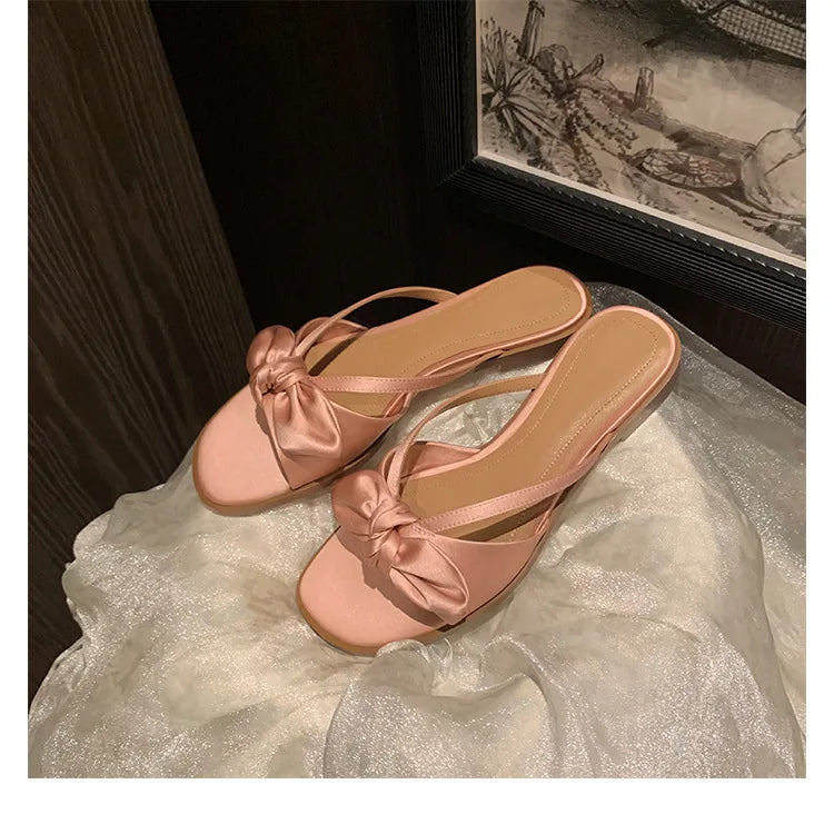 LIZAKOSHT  -  Luxury Silk Slippers Women Butterflyknot Slides Shoes Summer Ladies Low Heels Flat Sandals Femmes Evening Party Flip Flops
