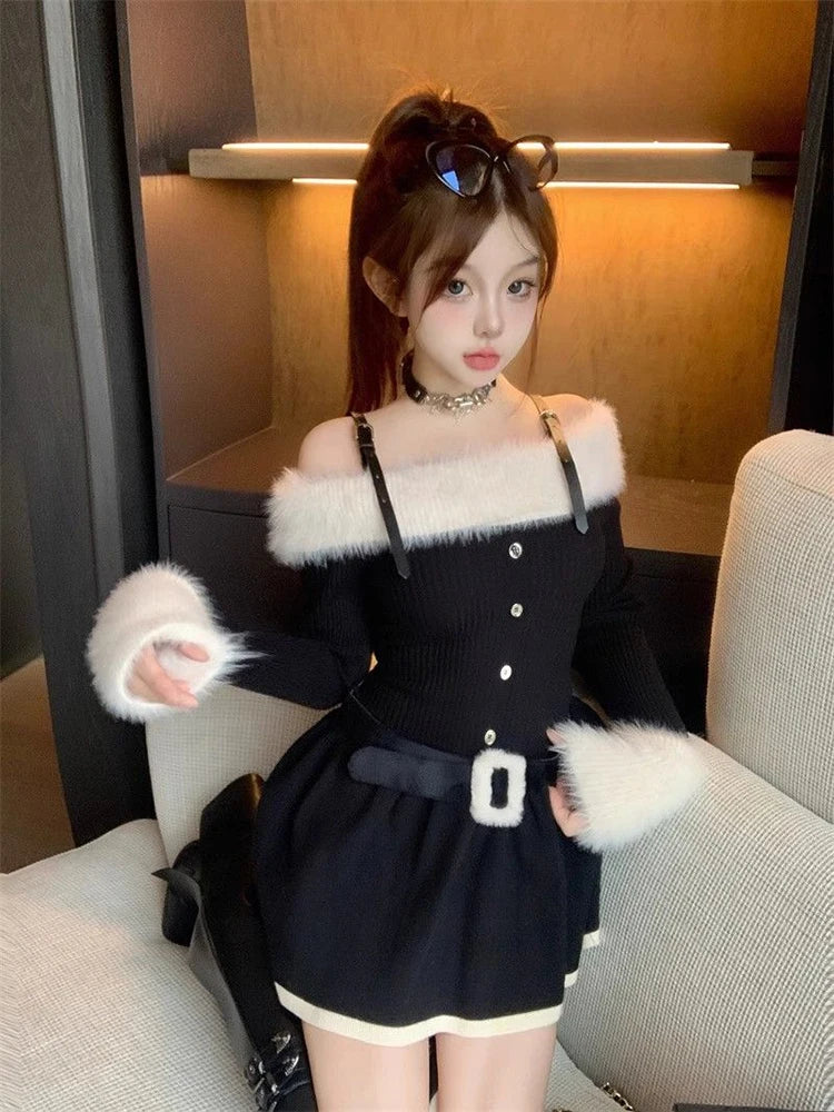 LIZAKOSHT  -  Women Knitted Mini Dress Autumn Hottie Slash Neck Patchwork Fashion Camisole Dresses Off Shoulder Belt Button Casual Vestidos