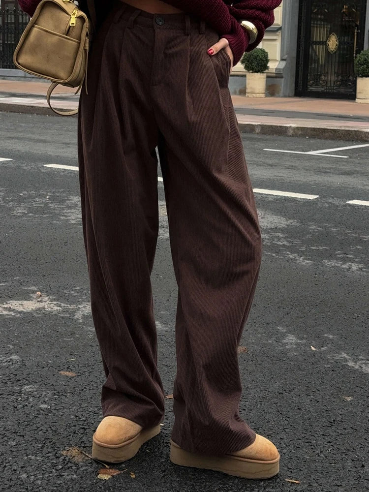 LIZAKOSHT  -  Women's New Wide Leg Pants 100% Cotton Loose Fit Drapey Trendy Waist Autumn Winter Fashion Trousers
