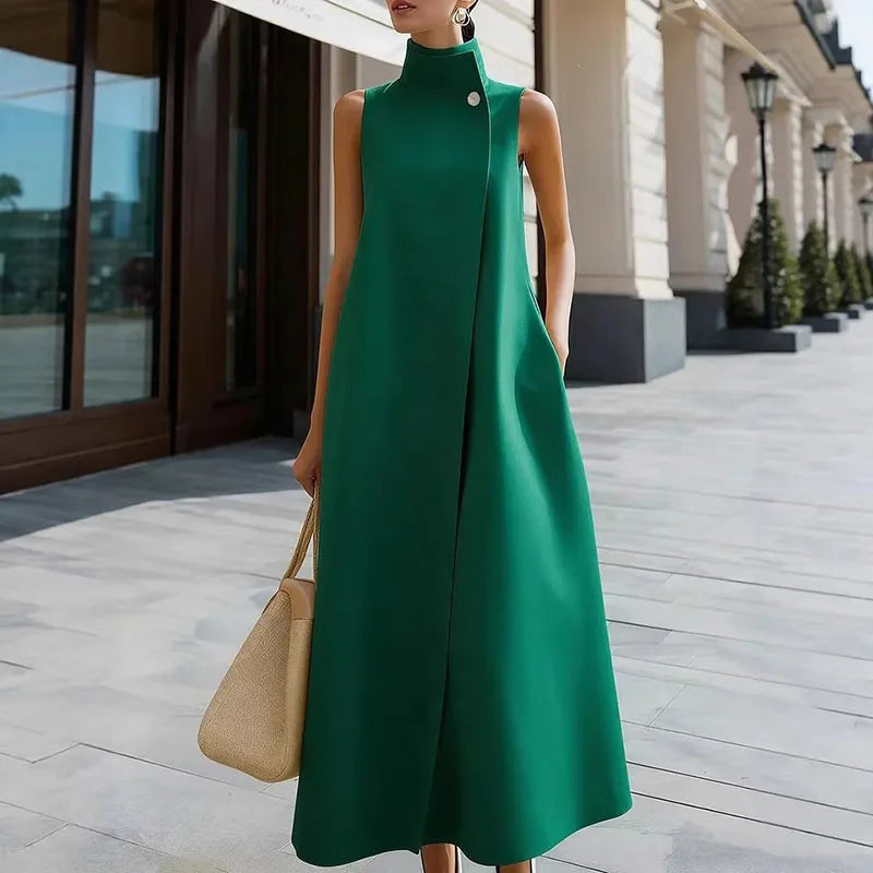 LIZAKOSHT  -  Fashion Stand Collar Pocket Commuter Vest Dress Sexy Sleeveless High Waist Long Dress Lady Elegant One Button Design Party Dress