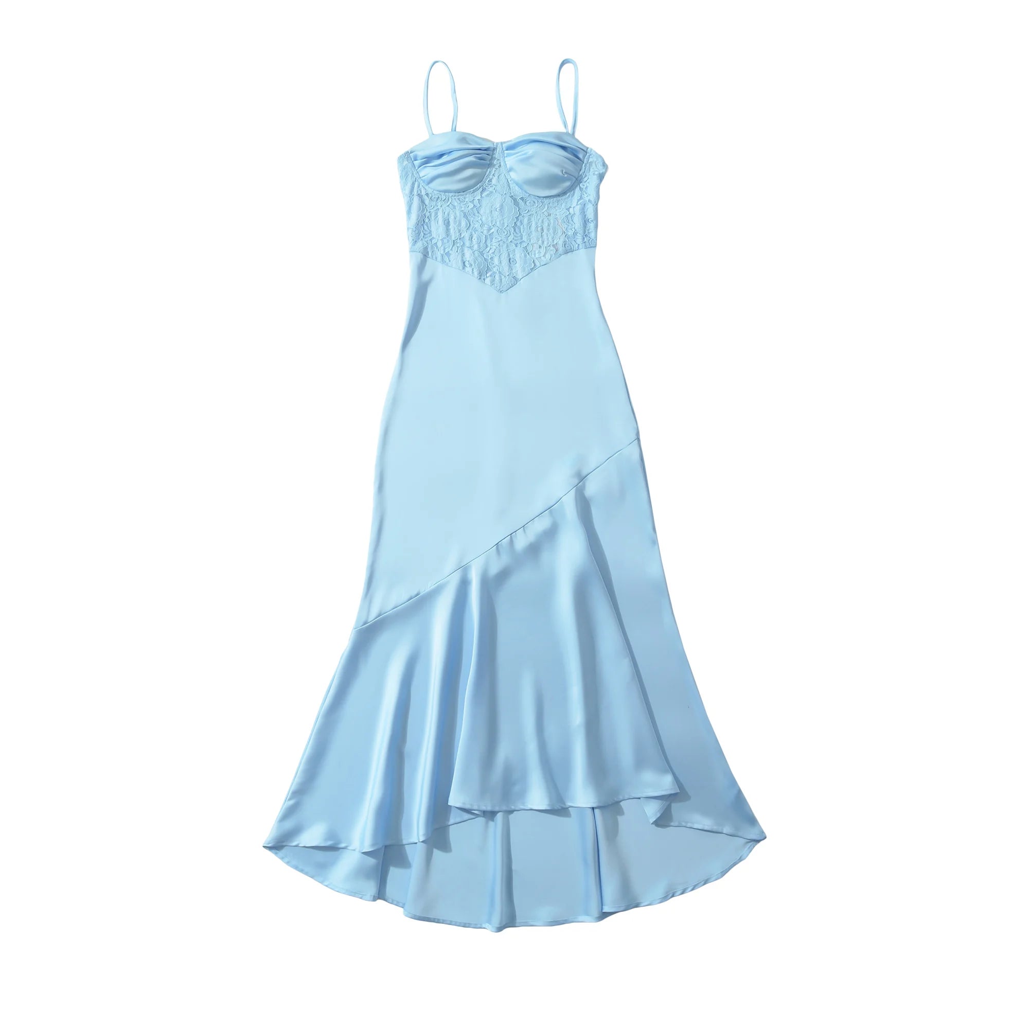 LIZAKOSHT  -  Fashion Light Blue Satin Ruched Bra Spliced Lace Sling Dress Women Hollow Out Slim Waist Midi Long Asymmetry Dresses Femme Robe