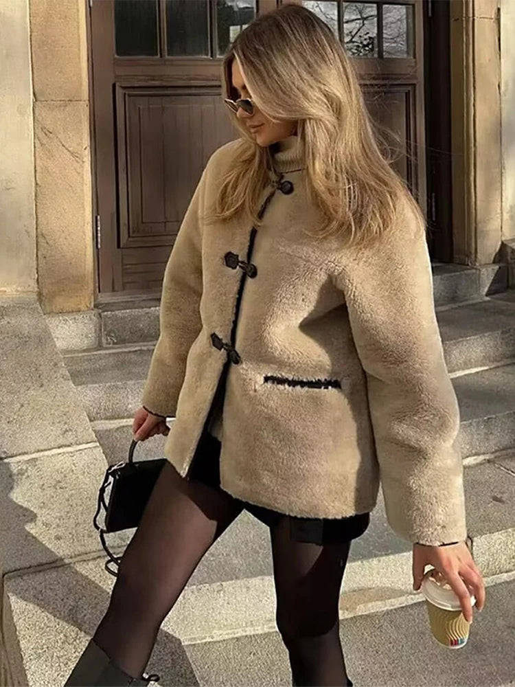 LIZAKOSHT  -  Mid Length Leather Fur One-Piece Jacket Coat Knot Buckle Lamb Faux Fur Overcoat Round Neck Women Classic Two Wear Outwear Top