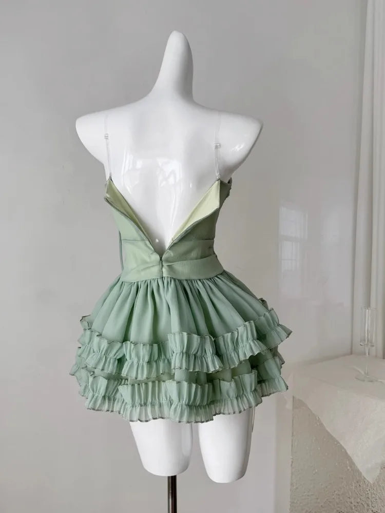 LIZAKOSHT  -  Fairy Dresses Summer French 3D Flower Sleeveless Strapless Fluffy Short Skirt Mesh Cake Dress for Women Vestidos