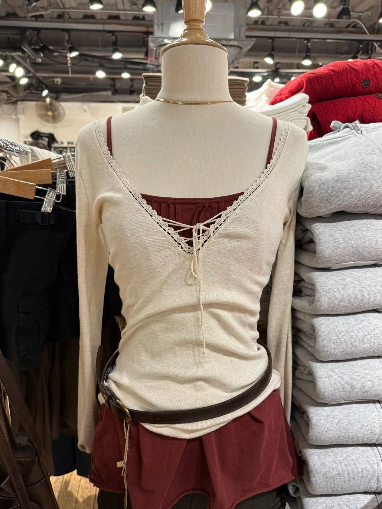 LIZAKOSHT  -  Bandage Lace Trim Long Sleeve T-shirt Autumn Sexy V-neck Cotton Slim Tshirt Top Female Casual Simple Solid Elegant Woman's Tees