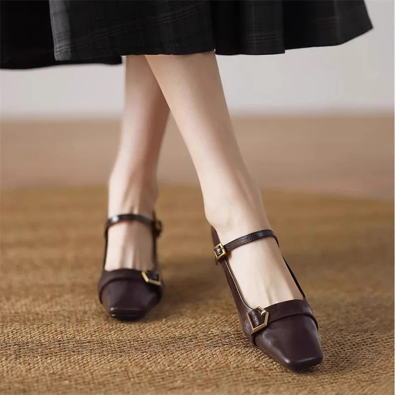 LIZAKOSHT  -  Metal Buckle Decoration Mary Jane Shoes Women Comfortable Leather High Heels Elegant Chunky Heel Women Pumps Zapatos De Mujer