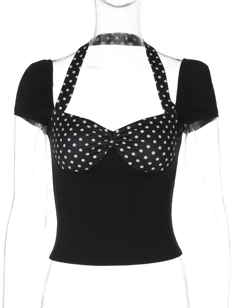 LIZAKOSHT  -  Summer Halter Short Sleeve T-shirts for Women Female Sexy Backless Polka Dot Patchwork Corset Tee Shirt Streetwear