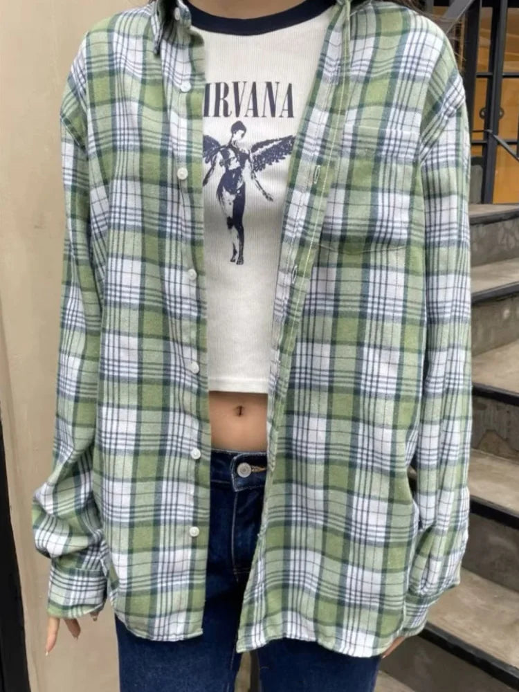 LIZAKOSHT  -  Casual Women Single-breasted Loose Shirts Summer Vintage Polo Neck Long Sleeves Plaid Printed Shirts Female Chic Tops
