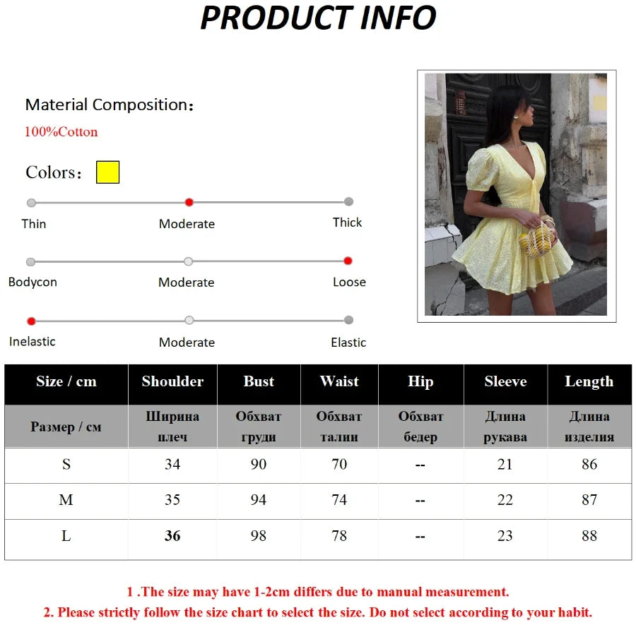 LIZAKOSHT  -  Summer New Women's Cotton Embroidered Dress Bubble Sleeve V-neck Mini Skirt  Slimming Waist Dresses