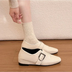 LIZAKOSHT  -  Women Square Toe Mary Jane Shoes Vintage Wrinkle Leather Buckle Strap Loafers Retro Office Dress Footwear Model on Feet