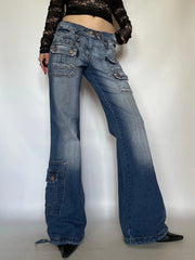 LIZAKOSHT  -  Vintage Blue Wash Loose Straight Flare Jeans Korean Chic Pockets Slim Denim Y2k Streetwear Low Waist Trousers All-match