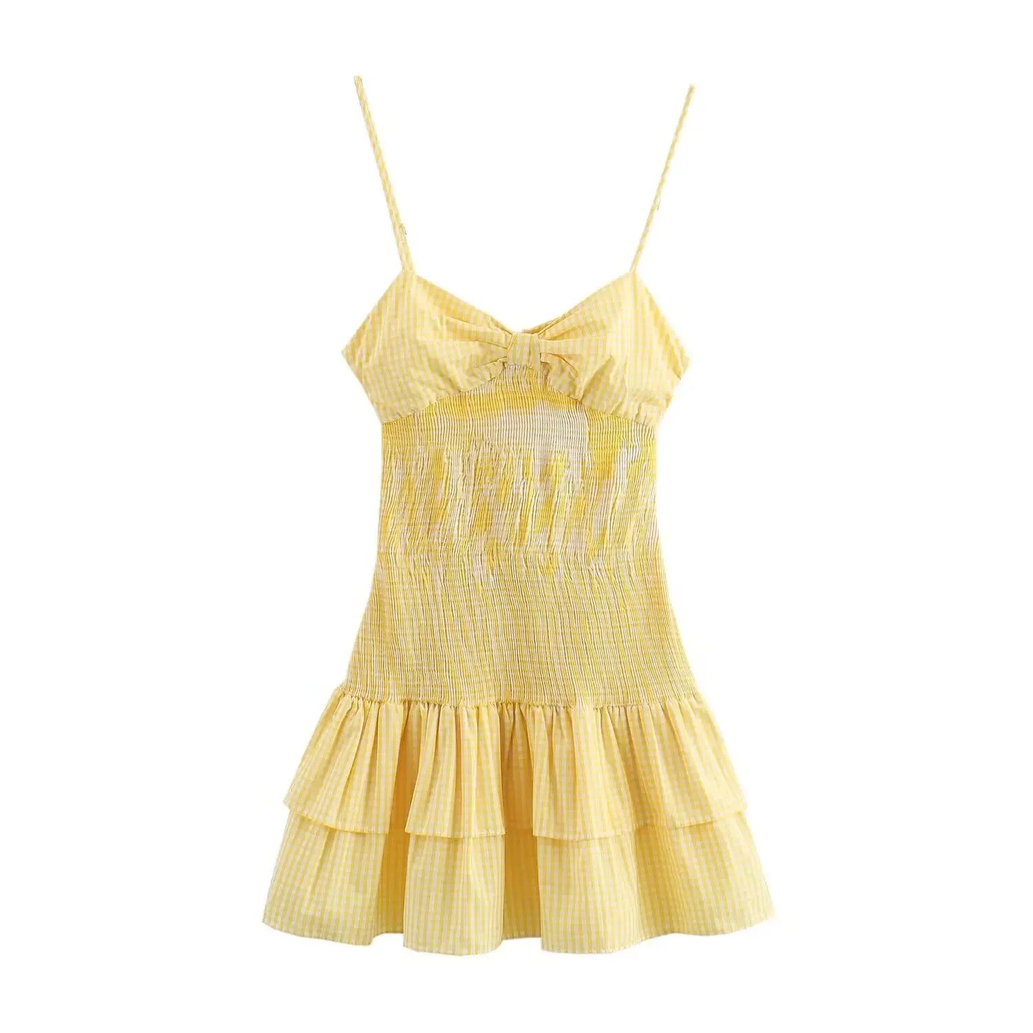 LIZAKOSHT  -  New Fashion Vintage Beach Mini Dress for Women 2024 Summer Holiday Women Casual Small Plaid Bow Yellow Dress Elegant Vestidos