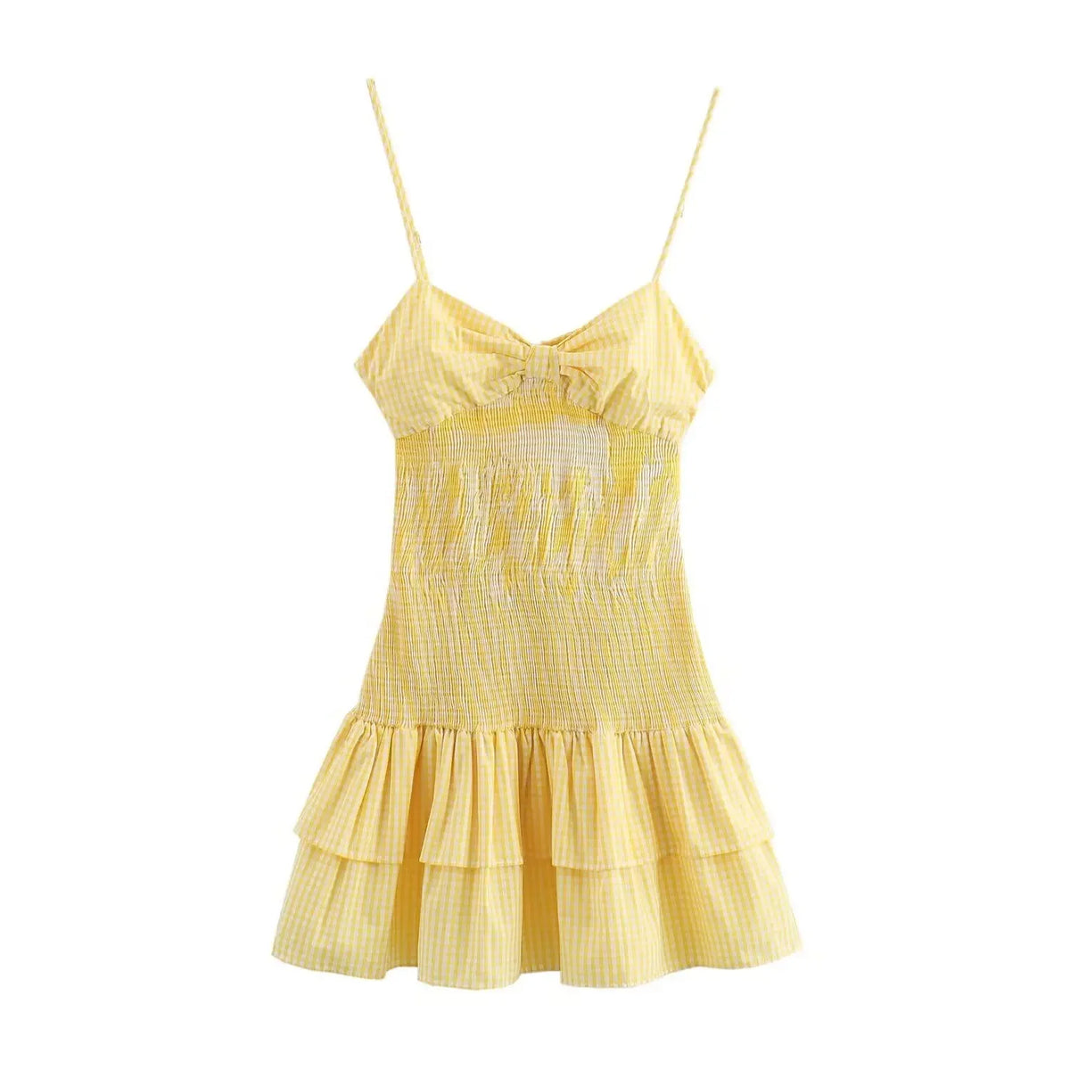 LIZAKOSHT  -  New Fashion Vintage Beach Mini Dress for Women 2024 Summer Holiday Women Casual Small Plaid Bow Yellow Dress Elegant Vestidos