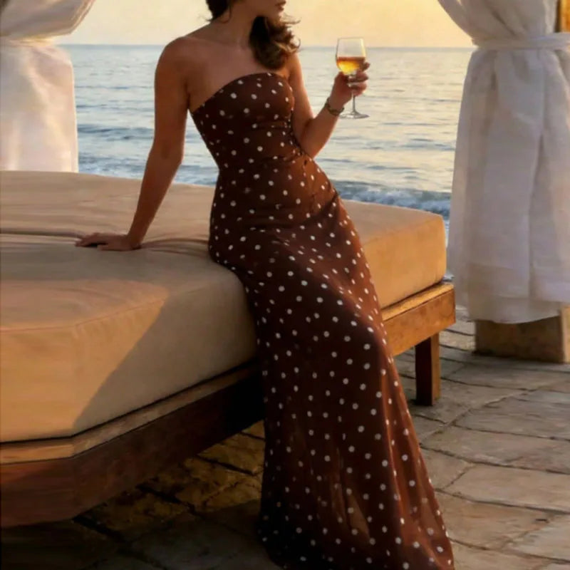LIZAKOSHT  -  Fashion Polka Dot Strapless Slim Beach Dress Sexy Sleeveless Backless Women Long Dress Elegant Temperament Waist Vacation Dress