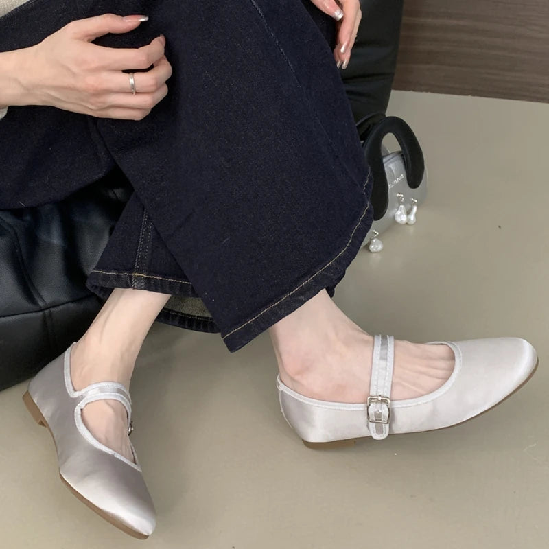 LIZAKOSHT  -  Comfort Satin Soft Sole Ladies Mary Jane Shoes Fashion Round Toe Shallow Women Flats Elegant Buckle Prom Designer Ballet Shoes