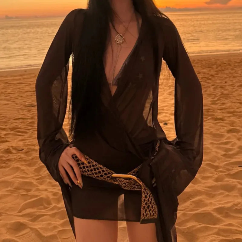 LIZAKOSHT -  Hollow Out Bikini Sexy Long Sleeved Mesh Outer Cover Swimsuit Women Summer Comfortable Beach Vacation Fashionable Retro Trend