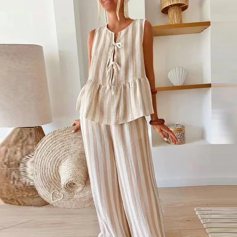 LIZAKOSHT  -  Women Ruffles Patchwork 2Pcs Set Female Outfits 2025 Casual Striped Print Tie-up Blouse&Wide Leg Pants Vacation Outfit Casual